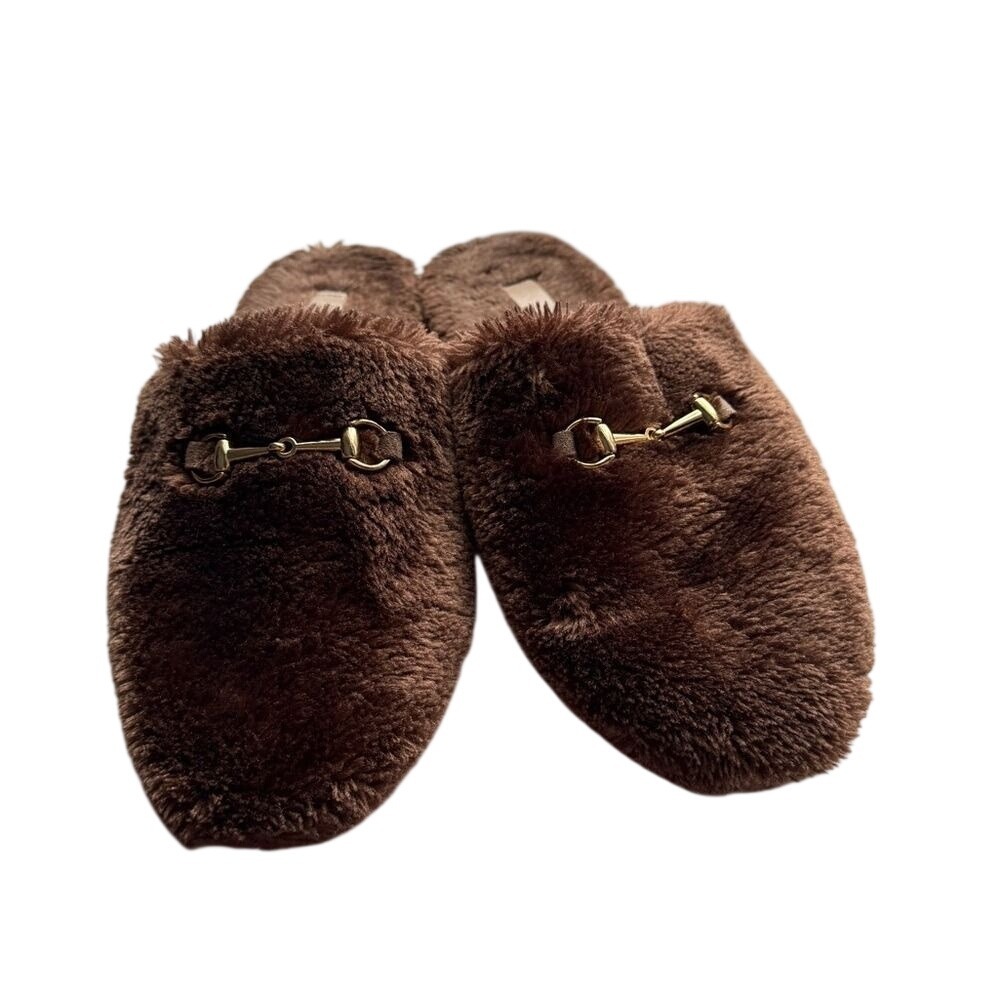 Ann Taylor Brown Faux Fur Horsebit Mule Slippers Shoes Womens Size 6